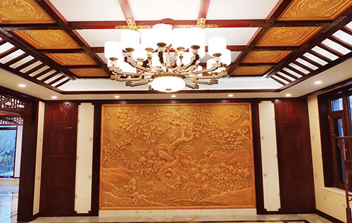荥阳中式别墅客厅中式木作横梁吊顶装饰展示